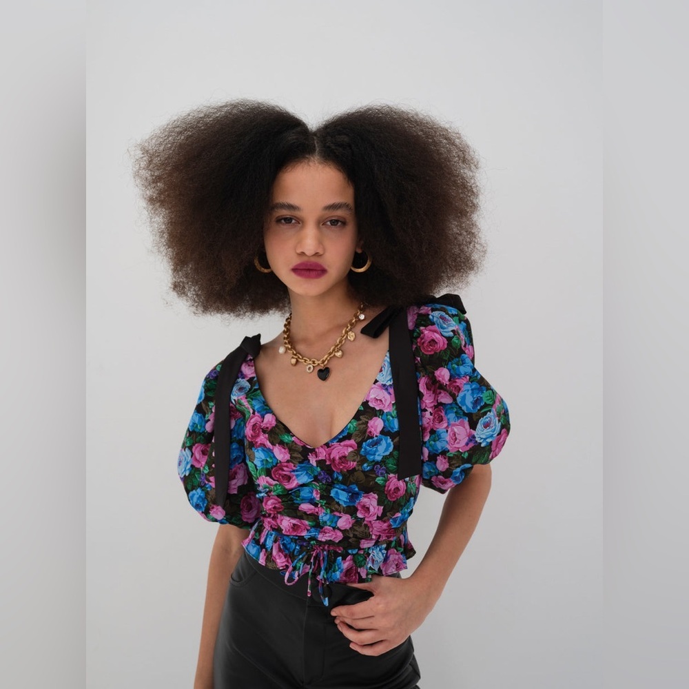 NWT For Love & Lemons Maggie‎ Top Size XXS Floral Puff Sleeve Velvet Bow